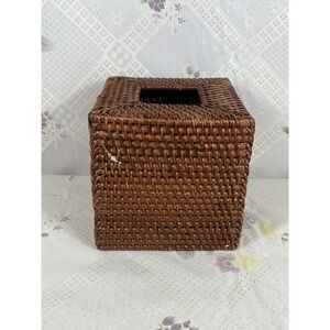 Vintage Wicker Rattan Wood Square Tissue Box Cover Holder Tropical Coastal